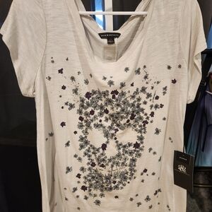 Rock & Republic White Short Sleeve Tee with Grey & Purple Floral Skull